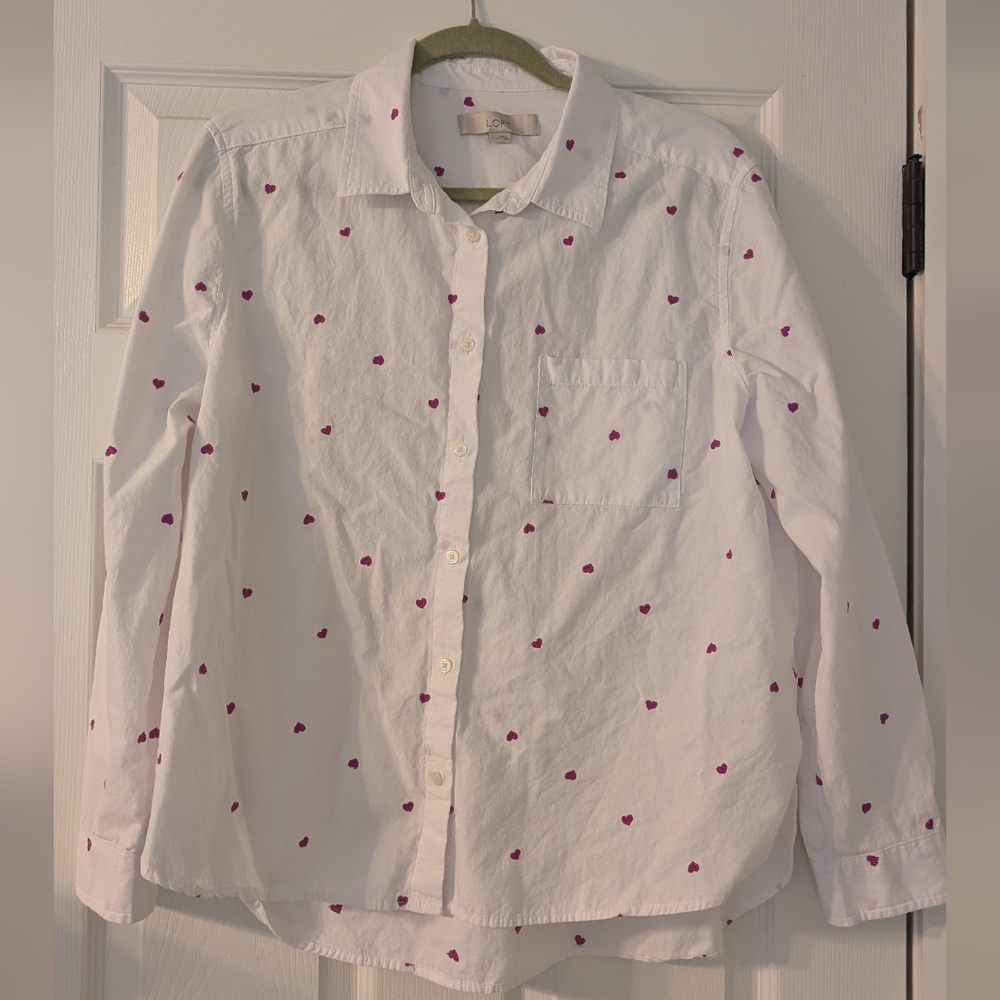 White Button-Up Shirt with Pink Accents - Picture 3 of 6